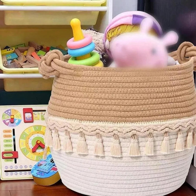 Bamboo Woven Bohemian Toy Storage Basket With Fringe Decor