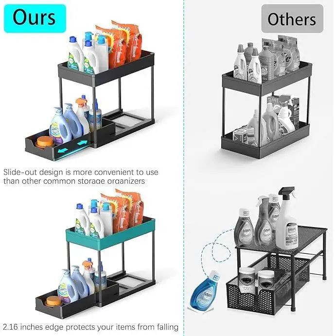 Two Tier Sliding Under Sink Organizer With Side Hooks