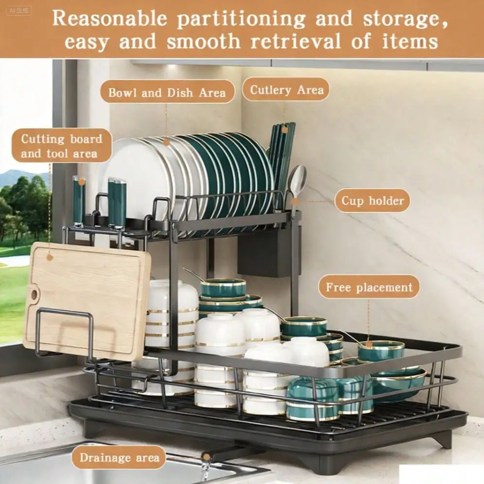 2size 2style storage rack can select for kitchen use This Double Large Metal Carbon Steel Cutlery Rack Is Perfect For Kitchen Countertops. It's Space-Saving And Durable, Featuring Knife, Fork, And Cup Holders, As Well As A Dr