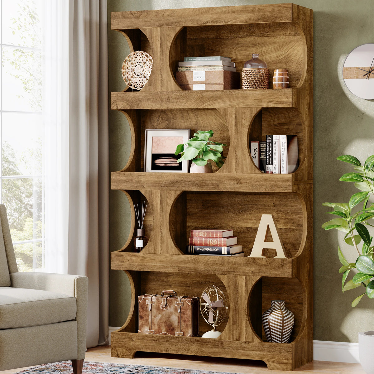 Tribesigns Four Tier Wooden Bookcase With Decorative Storage Shelves