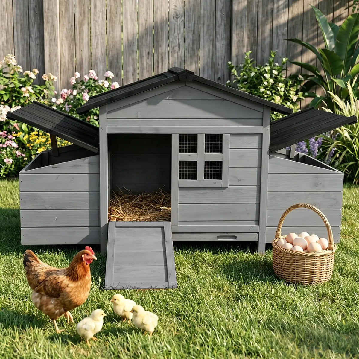 Wooden Chicken Coop With Nesting Boxes And Ventilated Window