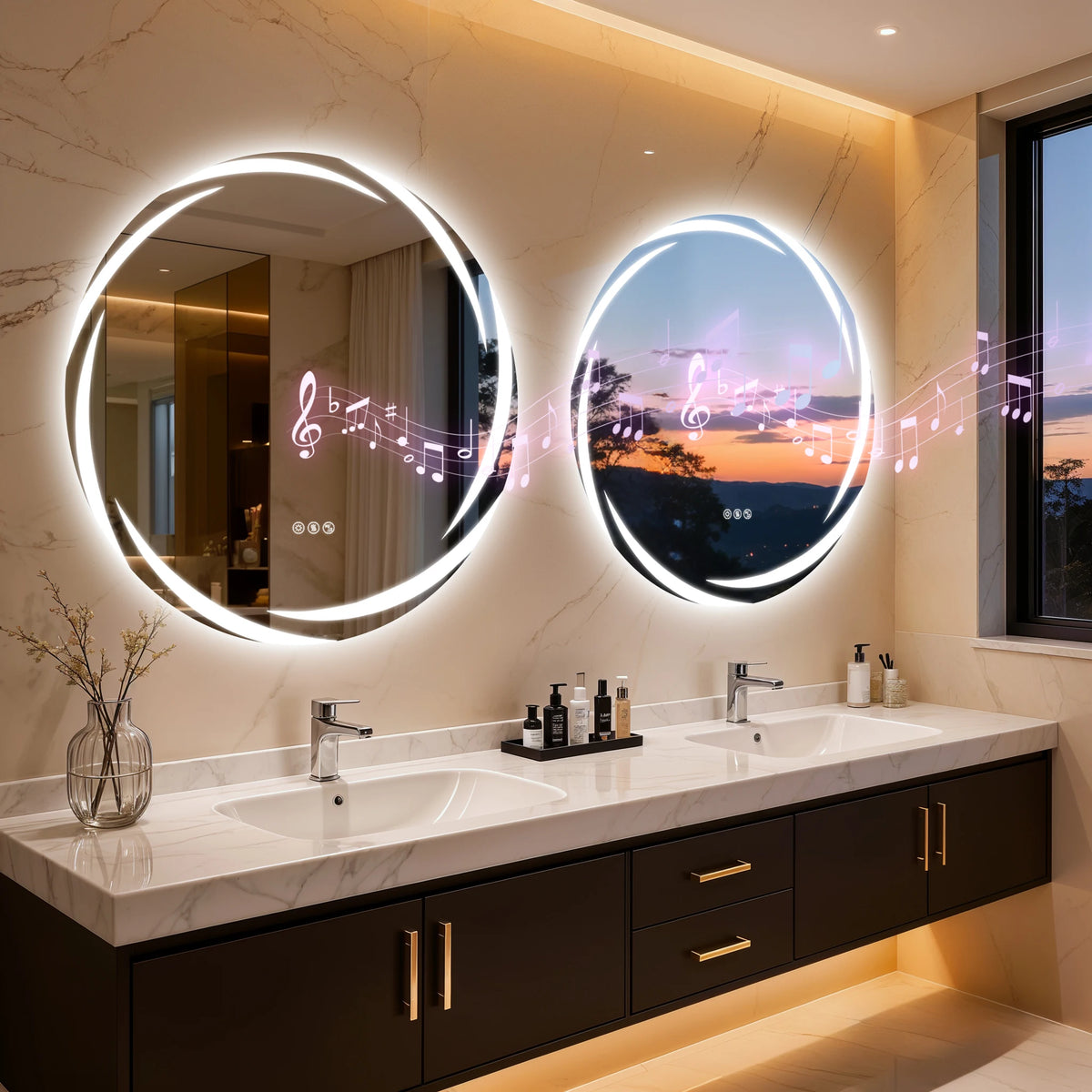 Round LED Bathroom Mirror With Bluetooth Speakers And Defogging