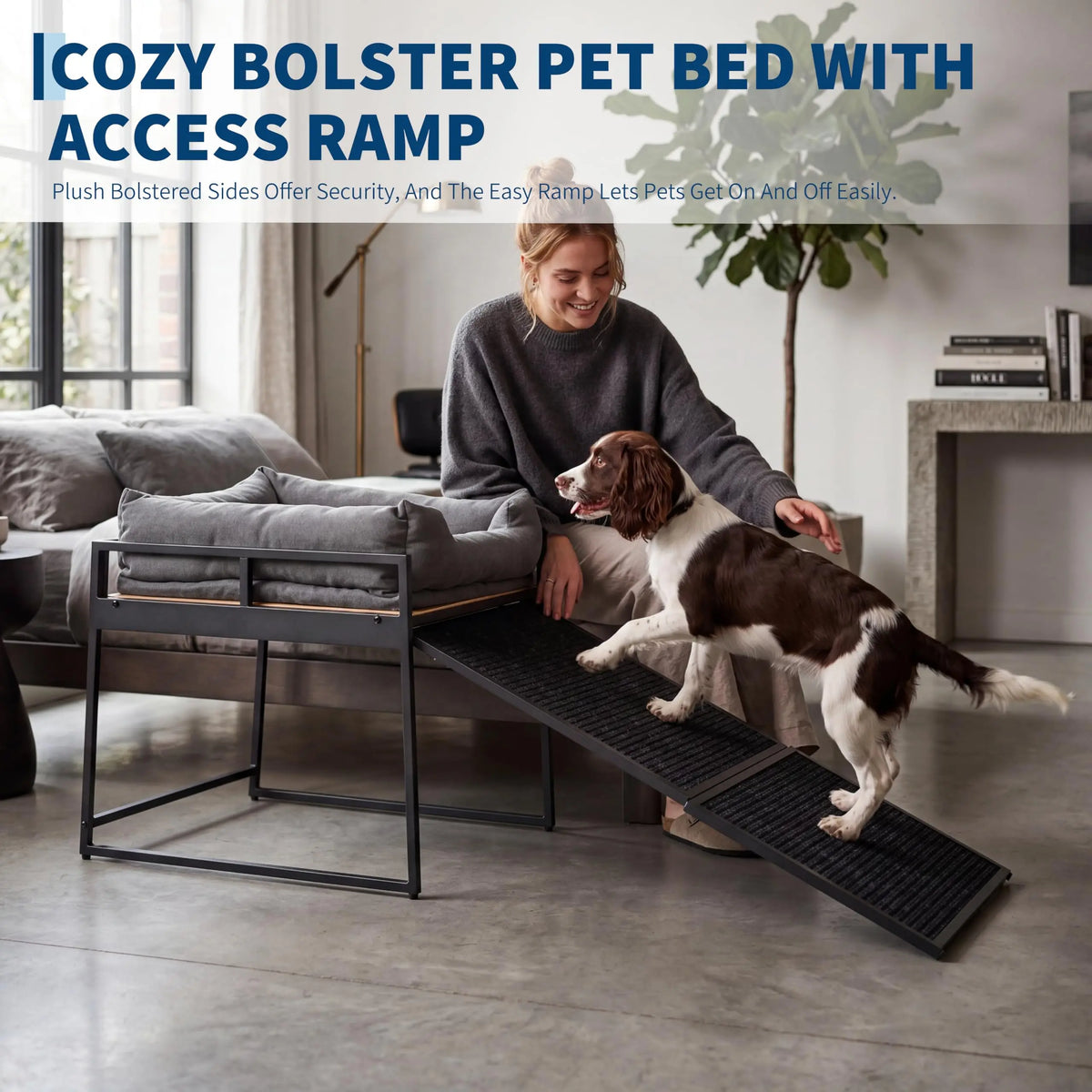 Elevated Dog Bed Ramp With Bolster Cushion And Sturdy Frame