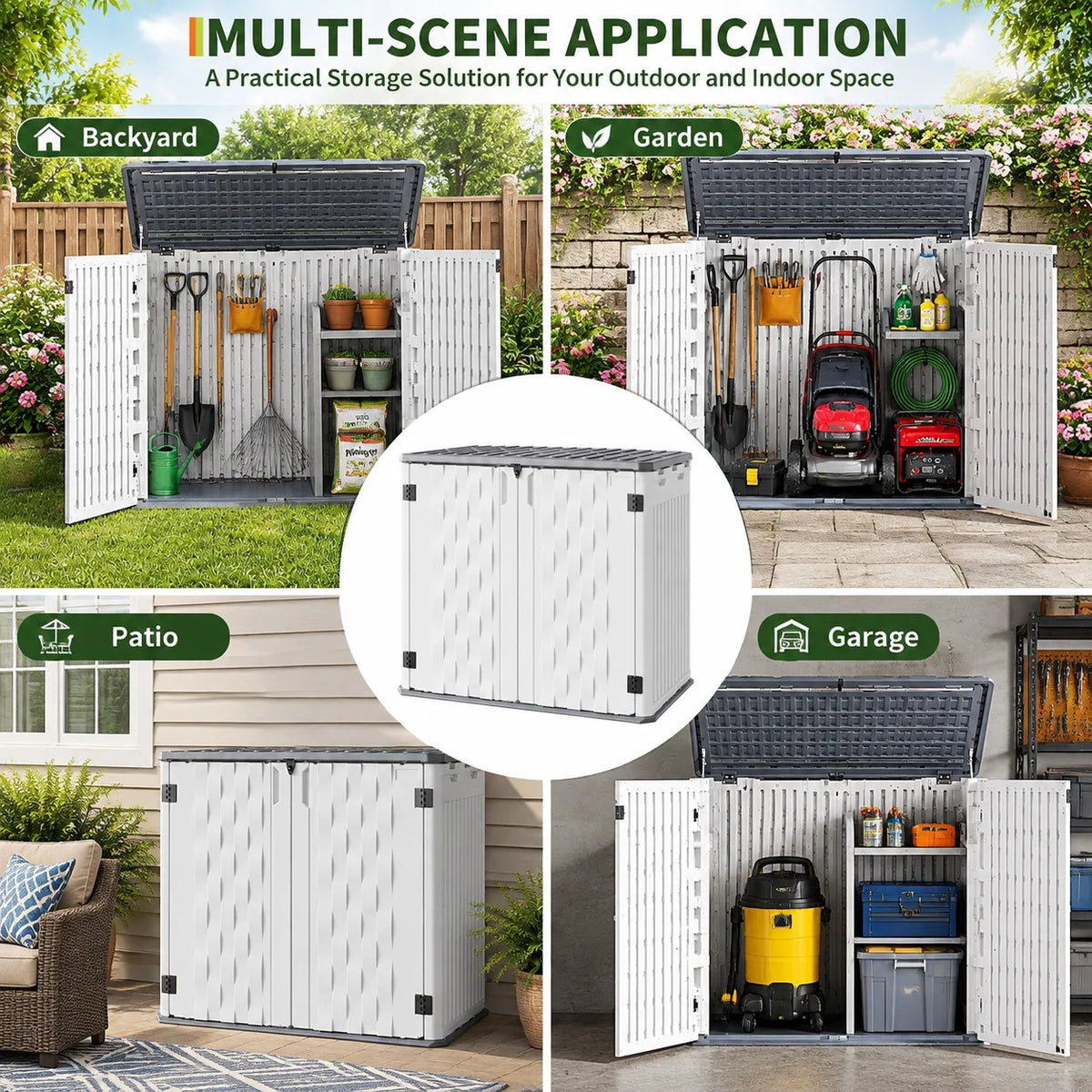 35 Cu Ft Outdoor Storage Cabinet Waterproof Resin Storage Shed with Lockable Door Garden Tool Storage Box for Trash Cans Lawn Mower Generator Patio Backyard Organization