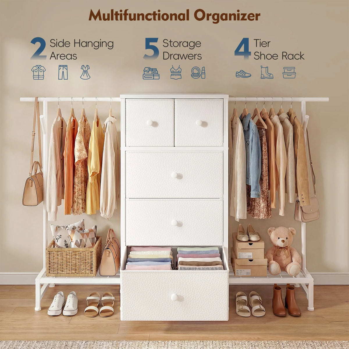 EnHomee 3-In-1 Dresser And Hanging Rack With Five Drawers