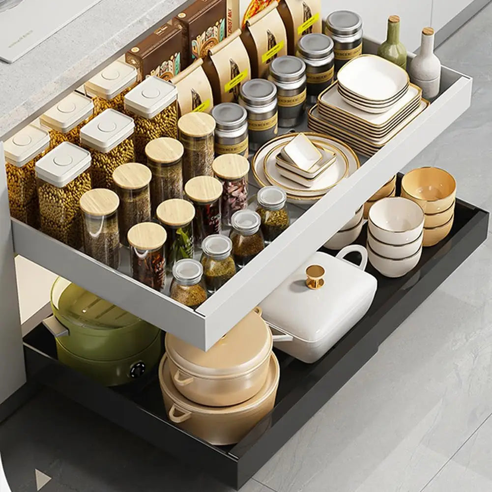 Garvee Expandable Pull Out Cabinet Organizer Adjustable Slide Out Drawer Tool‑Free Installation High Load Capacity Space Saving Practical Multi‑Purpose Cabinet Organizer