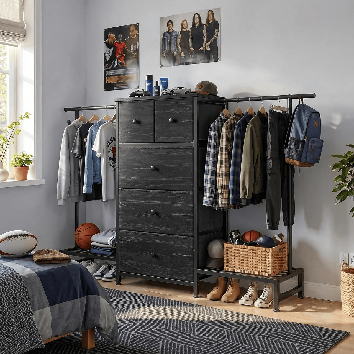 EnHomee 3-In-1 Dresser And Hanging Rack With Five Drawers