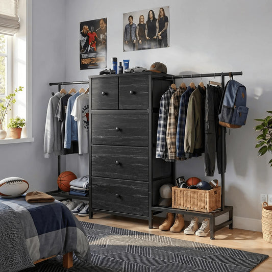 EnHomee 3-In-1 Dresser And Hanging Rack With Five Drawers
