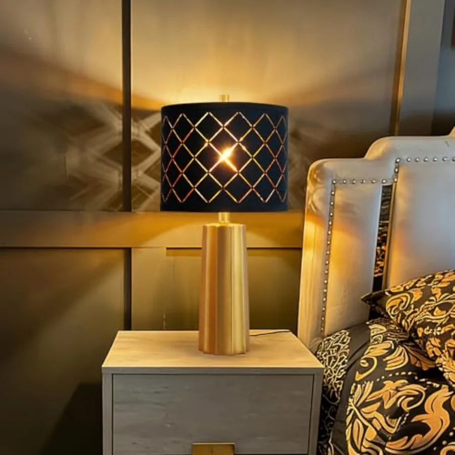 24" Modern Table Lamp for Living Room Bedroom, Nightstand Resin Lamp with Black Grid Shade