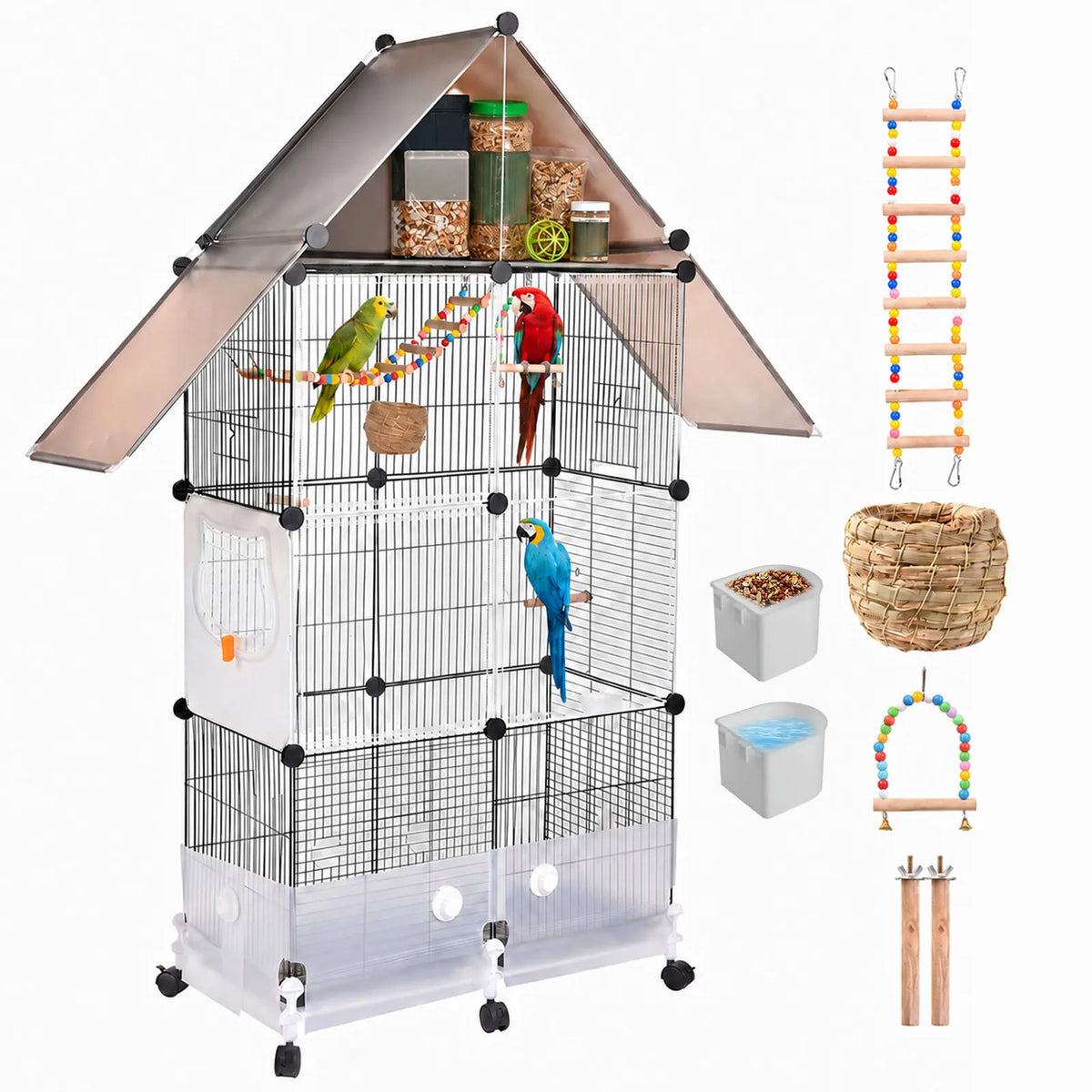 Large Bird Cage With Acrylic Door, Perches, Tray And Casters