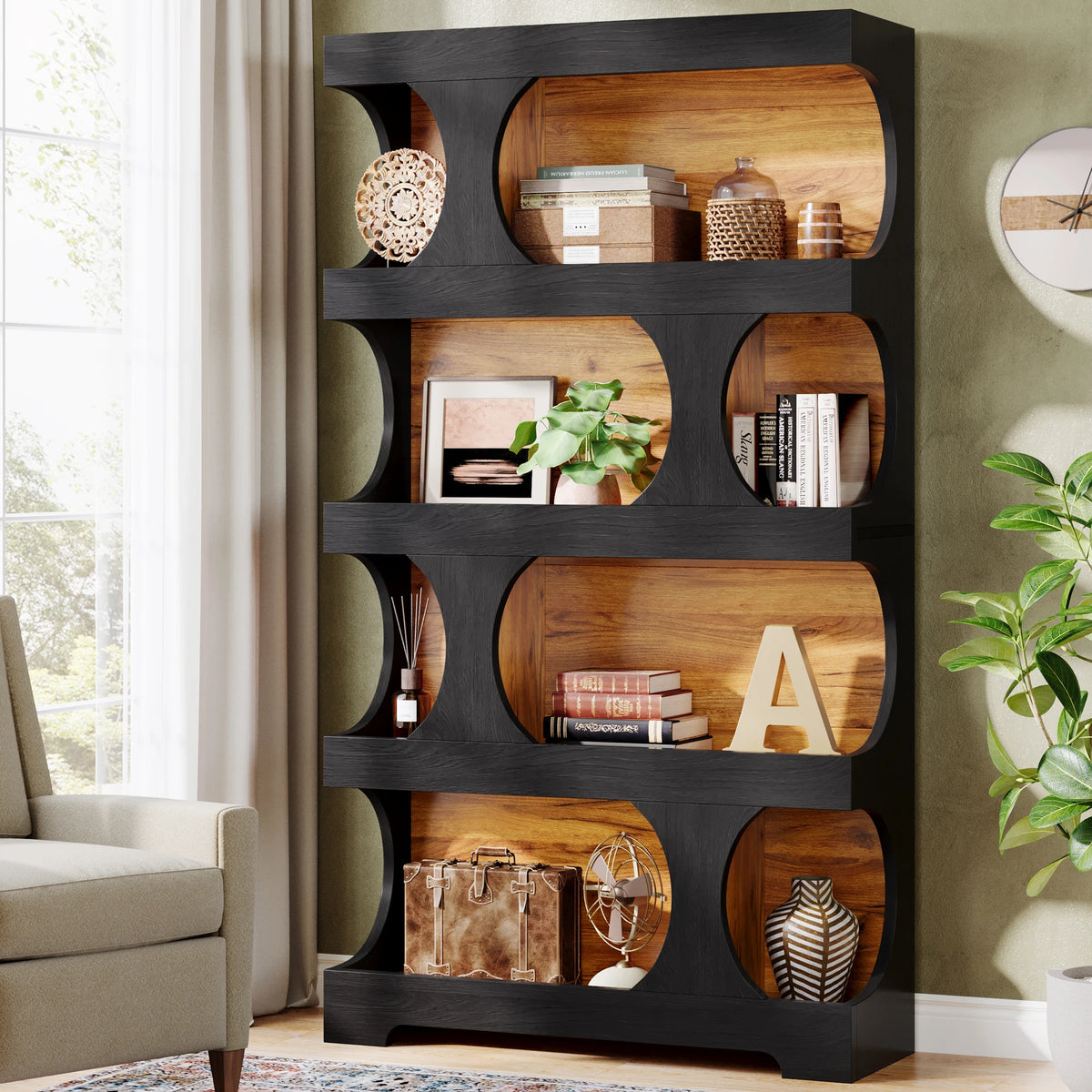 Tribesigns Four Tier Wooden Bookcase With Decorative Storage Shelves