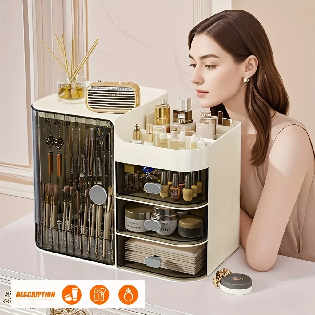 Beige Cosmetic Storage Box High Capacity Dustproof Makeup Organizer with Multi Drawers & Brush Holder for Desktop Dresser Home