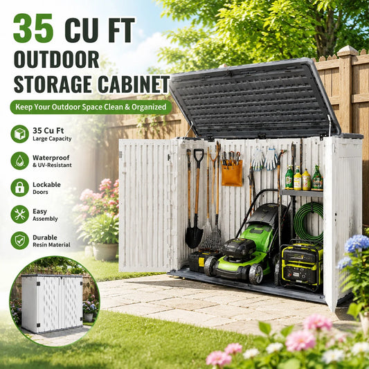 35 Cu Ft Outdoor Storage Cabinet Waterproof Resin Storage Shed with Lockable Door Garden Tool Storage Box for Trash Cans Lawn Mower Generator Patio Backyard Organization