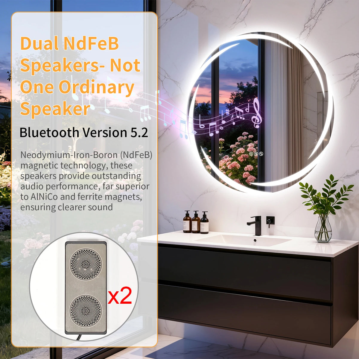 Round LED Bathroom Mirror With Bluetooth Speakers And Defogging