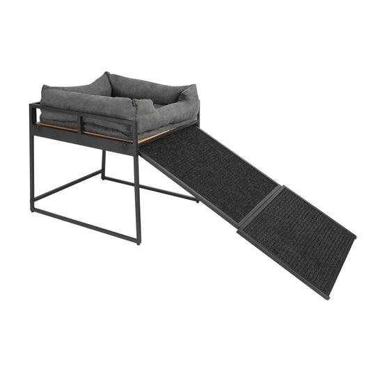 Elevated Dog Bed Ramp With Bolster Cushion And Sturdy Frame