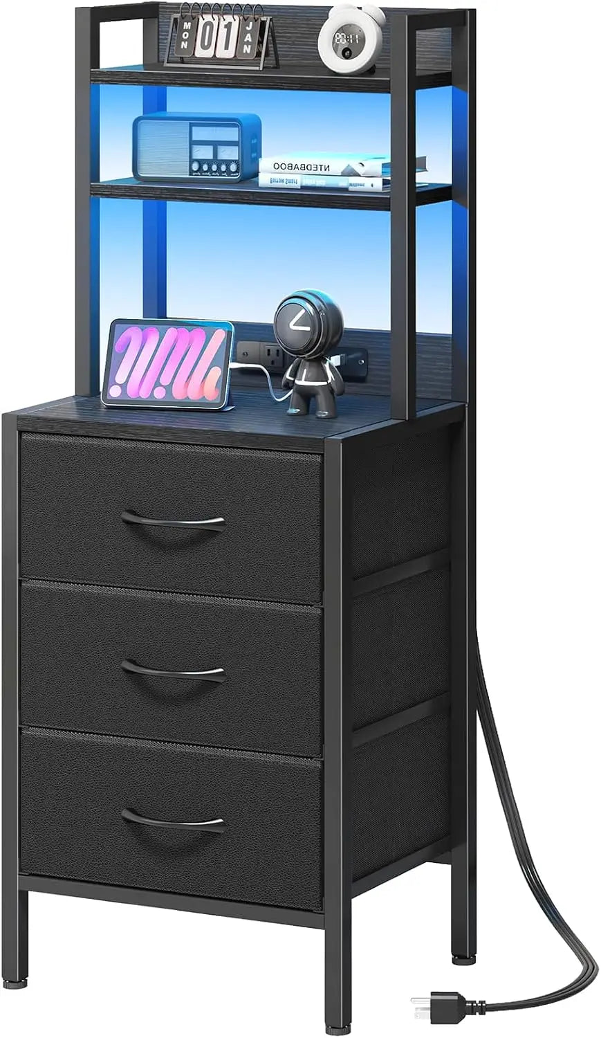 Fixwal 41 Inch Tall Nightstand with Charging Station for Dorm, Black
