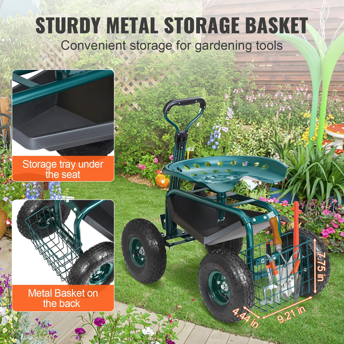 SucceBuy Swivel Seat Garden Cart With Wheels And Steering