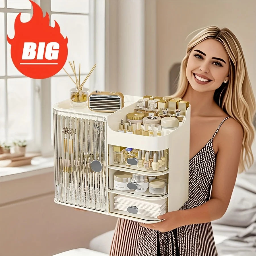 Beige Cosmetic Storage Box High Capacity Dustproof Makeup Organizer with Multi Drawers & Brush Holder for Desktop Dresser Home