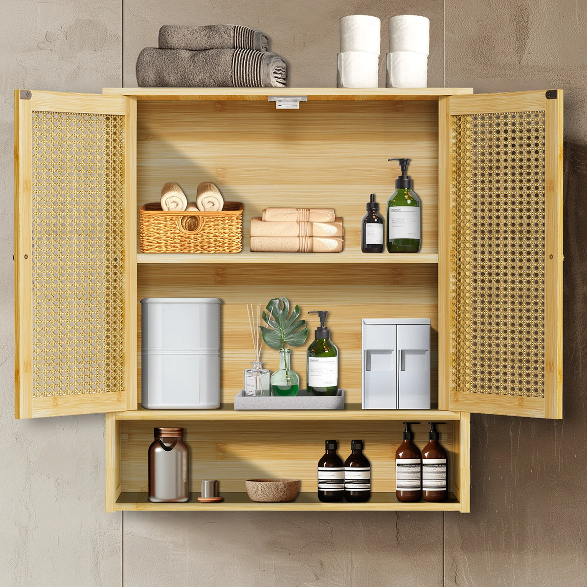 Wisfor Bamboo Wall Mounted Storage Cabinet With Rattan Doors