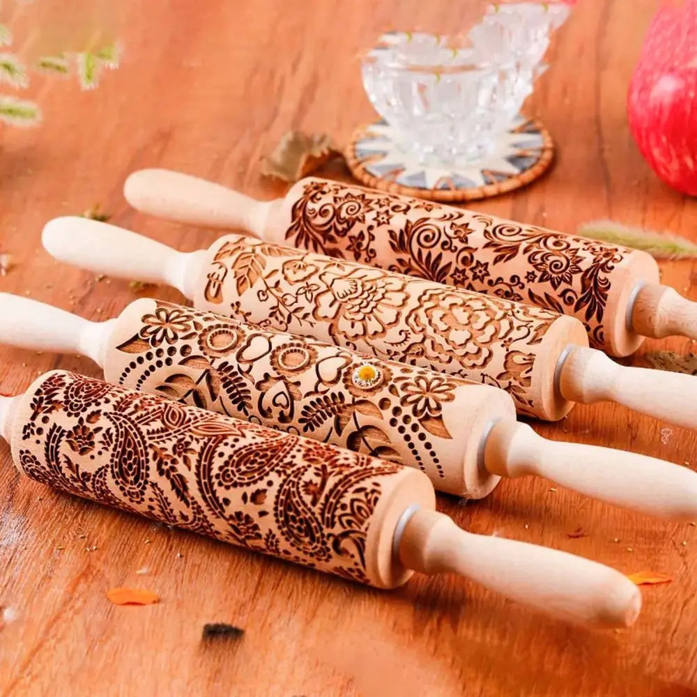 Wooden Sunflower Embossed Rolling Pin For Baking And Pastry