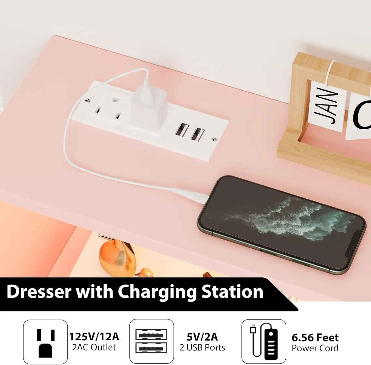 Six Drawer Wooden Dresser With Integrated Led Charging Station