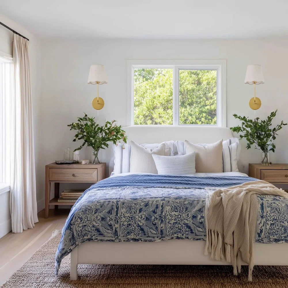 Boho Wall Sconces With Flower Linen Shade And Brass Finish