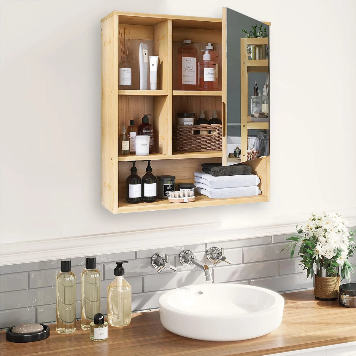 Bamboo Wall Mounted Medicine Cabinet With Mirror And Storage