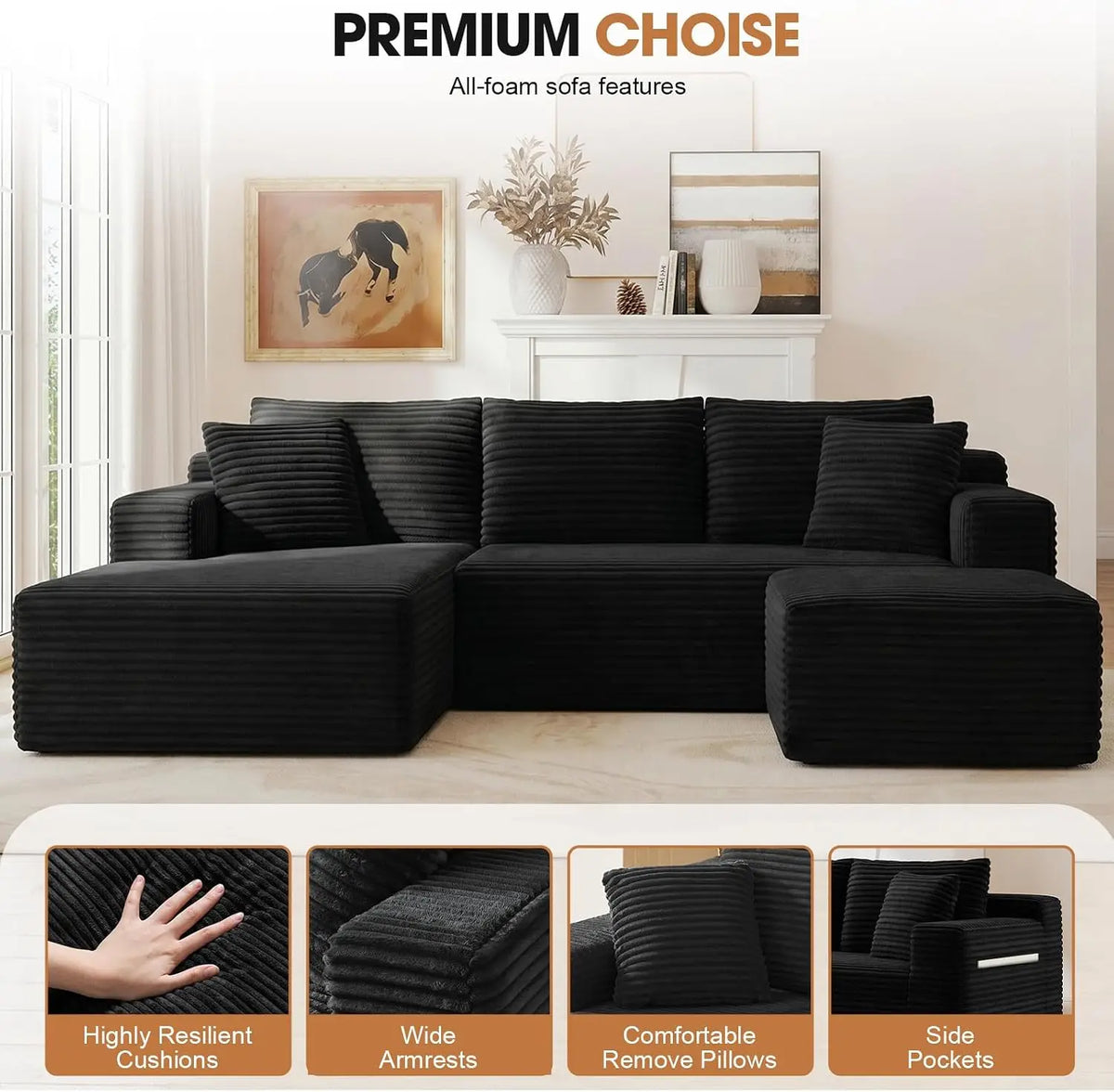 U-Shaped Modular Sectional Sofa With Deep Seat Ottoman Corduroy Fabric
