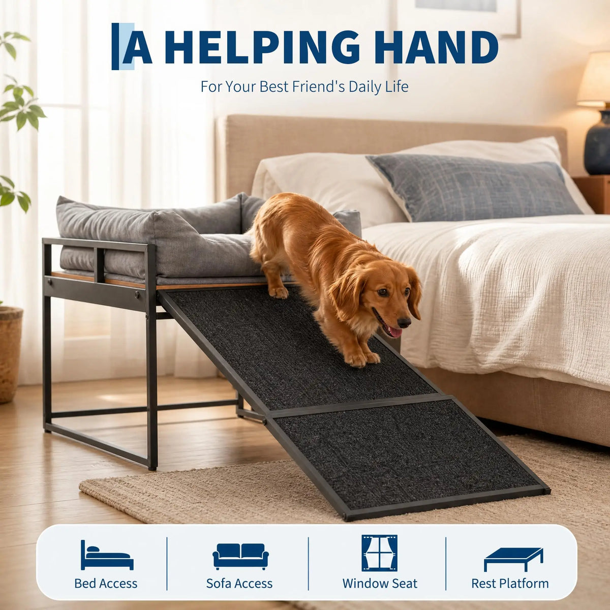 Elevated Dog Bed Ramp With Bolster Cushion And Sturdy Frame