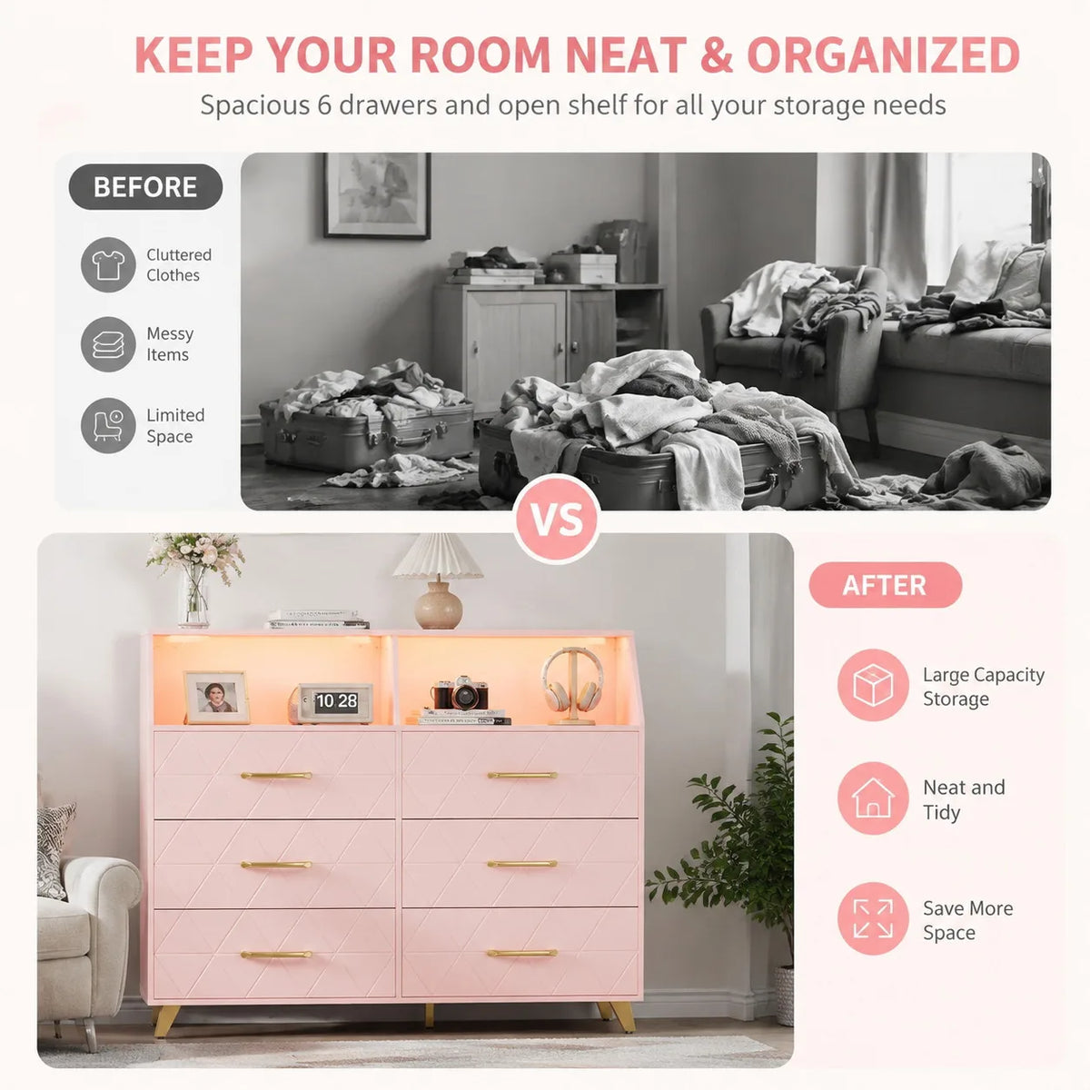 Six Drawer Wooden Dresser With Integrated Led Charging Station