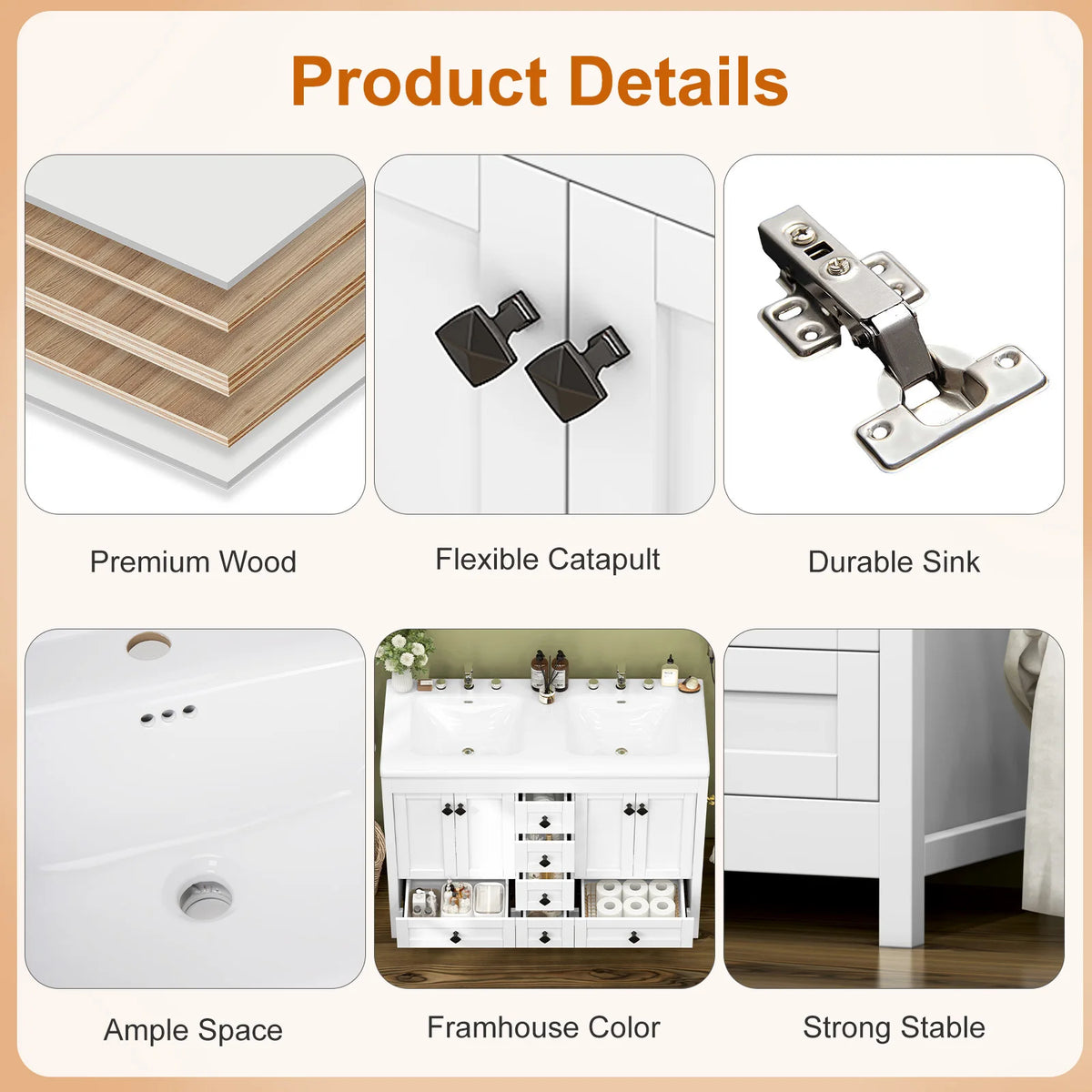 47.3 Inch White Bathroom Vanity Double Ceramic Sink Freestanding Cabinet with Doors & Drawers Modern Bathroom Storage Vanity Cabinet with Sink Combo