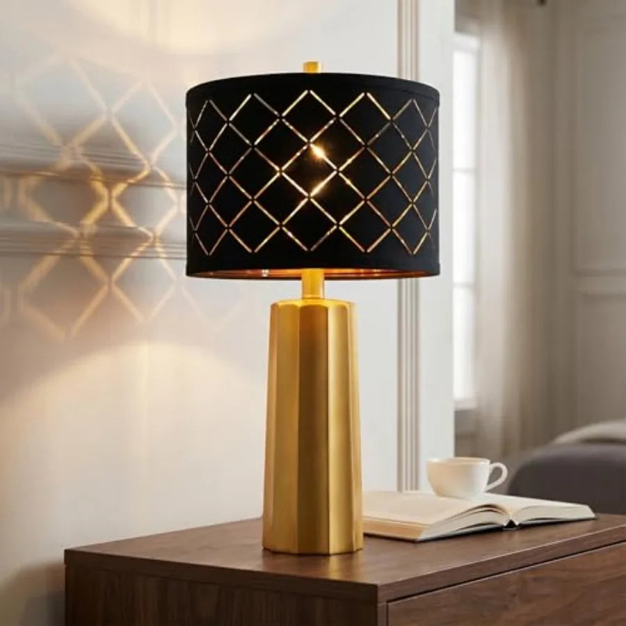 24" Modern Table Lamp for Living Room Bedroom, Nightstand Resin Lamp with Black Grid Shade
