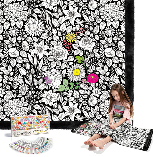 Royamoon Washable Floral Coloring Blanket With Markers For Creative Crafts