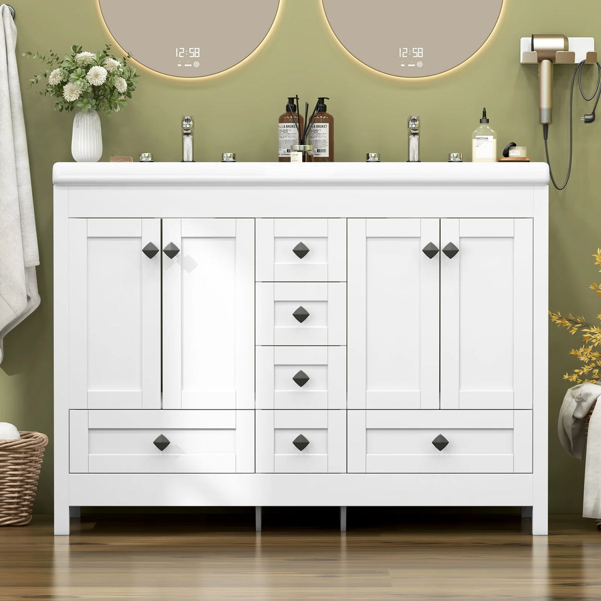 47.3 Inch White Bathroom Vanity Double Ceramic Sink Freestanding Cabinet with Doors & Drawers Modern Bathroom Storage Vanity Cabinet with Sink Combo