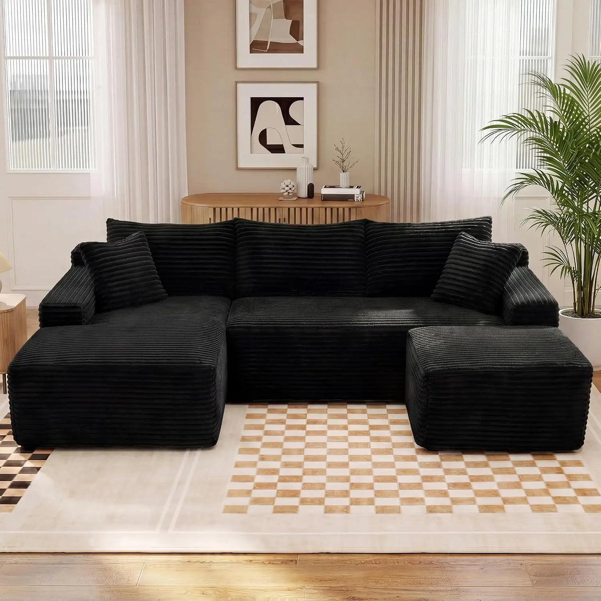 U-Shaped Modular Sectional Sofa With Deep Seat Ottoman Corduroy Fabric