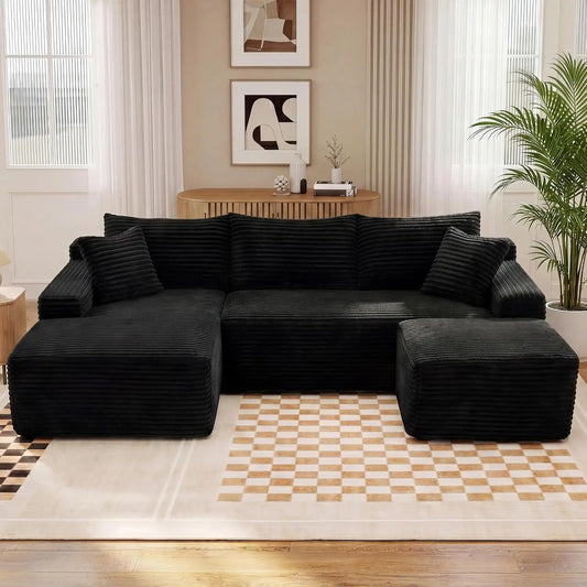 U-Shaped Modular Sectional Sofa With Deep Seat Ottoman Corduroy Fabric