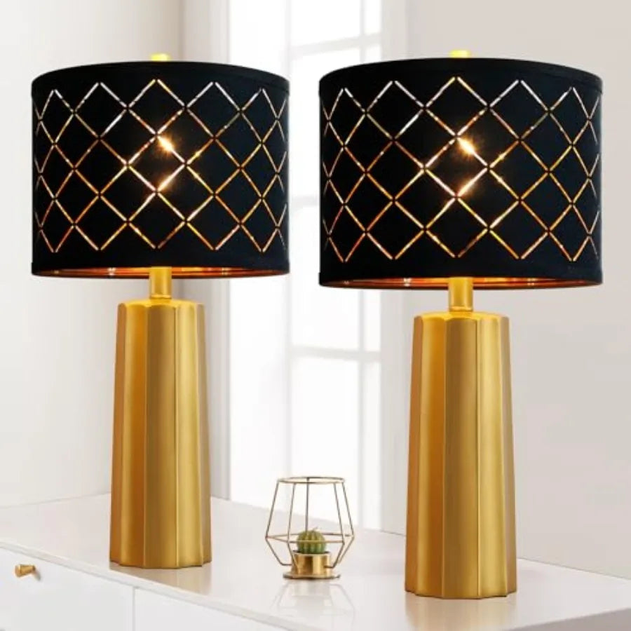 24" Modern Table Lamp for Living Room Bedroom, Nightstand Resin Lamp with Black Grid Shade