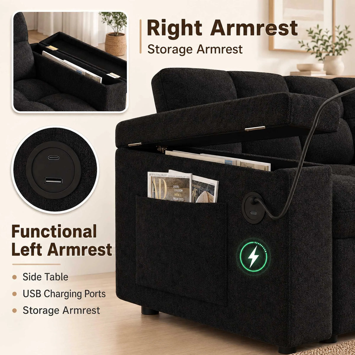 Adjustable Foldable Velvet Sofa Bed With Usb Charging And Storage