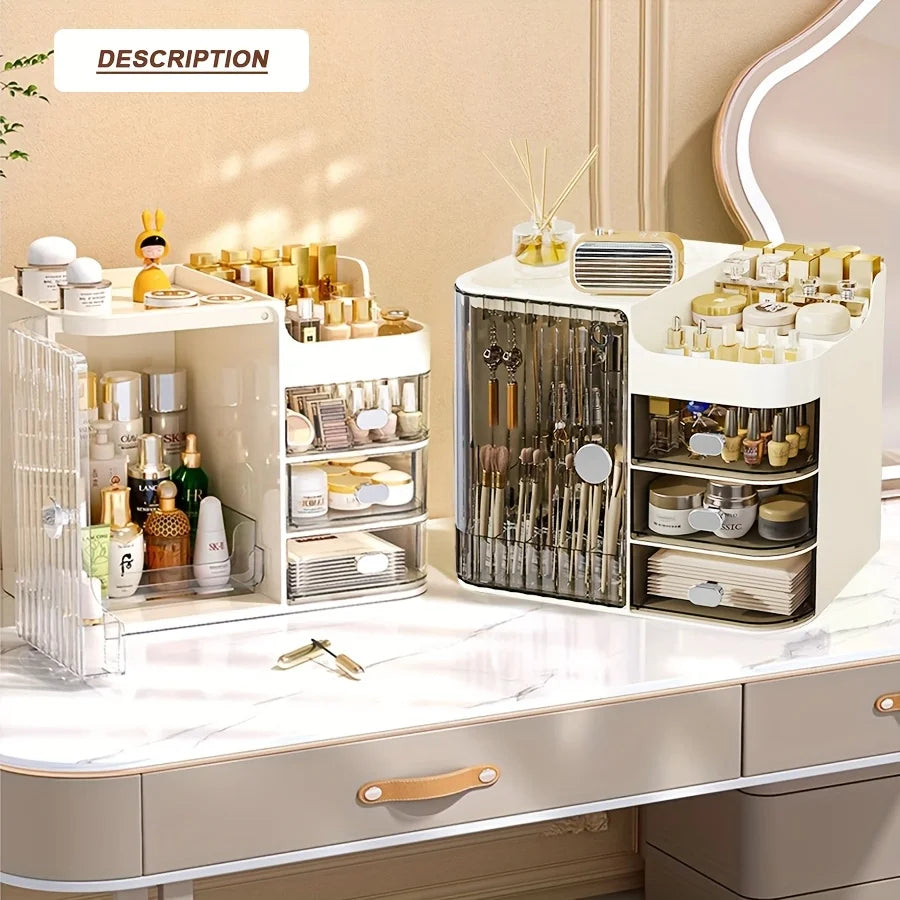 Beige Cosmetic Storage Box High Capacity Dustproof Makeup Organizer with Multi Drawers & Brush Holder for Desktop Dresser Home