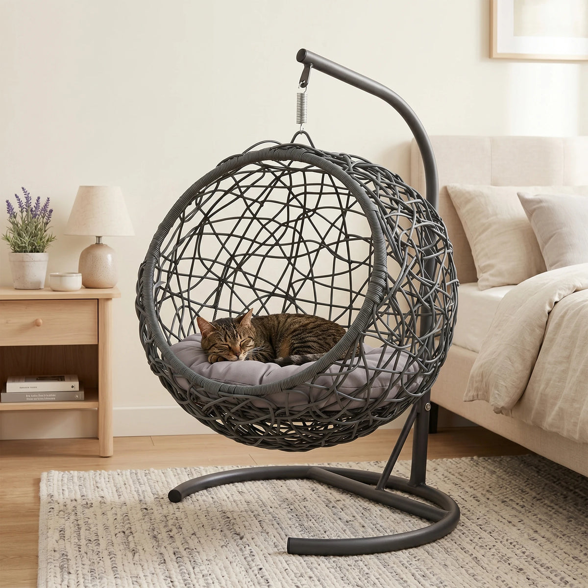 Stylish Rattan Cat Swing Bed With Support Stand And Plush Cushion
