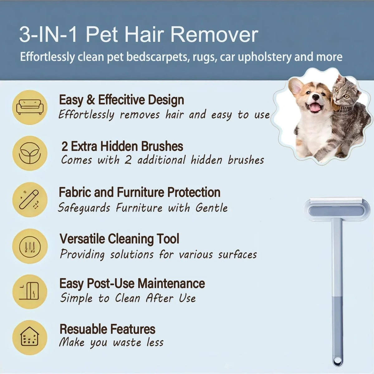 Multipurpose Pet Hair Removal Tool for Furniture and Carpets