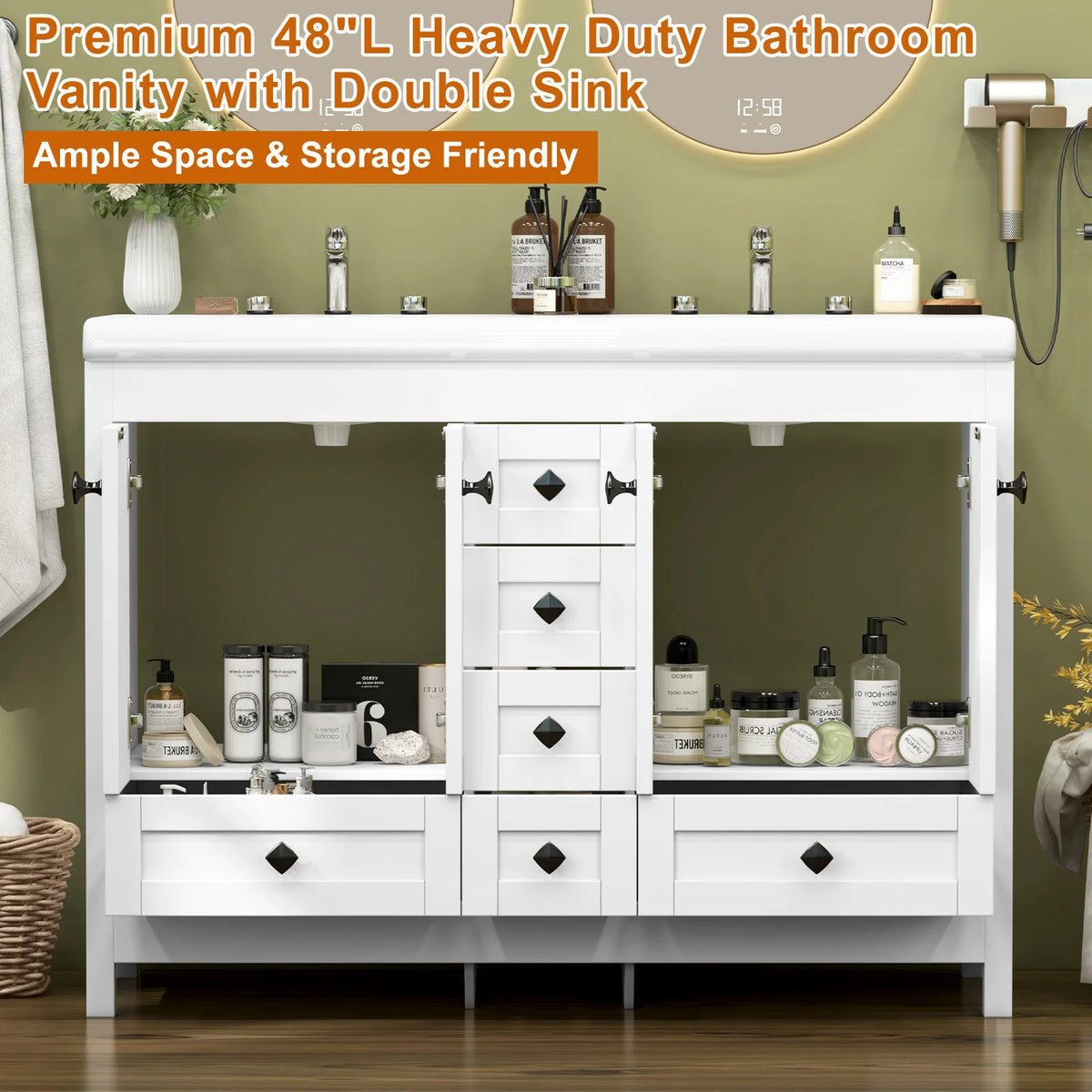 47.3 Inch White Bathroom Vanity Double Ceramic Sink Freestanding Cabinet with Doors & Drawers Modern Bathroom Storage Vanity Cabinet with Sink Combo