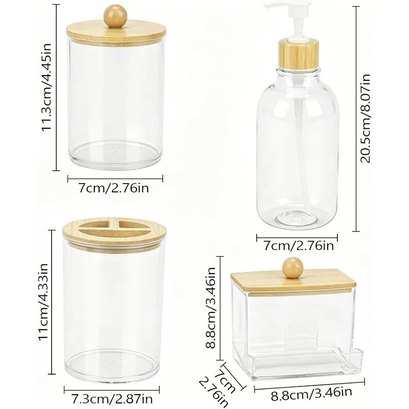 Bamboo Bathroom Set With Soap Dispenser Toothbrush Holder Storage Jars