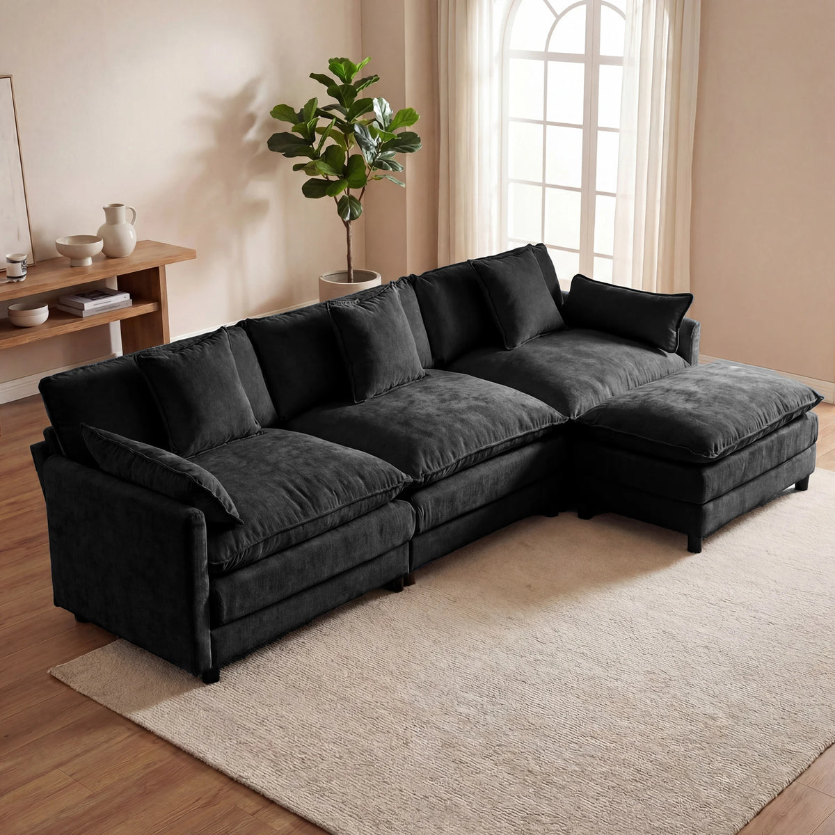 Redlife 107" Modular Sectional Sofa Set with Ottoman, L-Shaped Convertible Couch, 3-Seats Chenille Deep Seat Sofa with Pillows for Living Room, Bedroom and Apartment