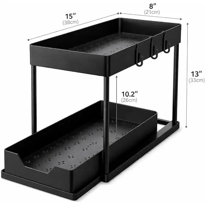Two Tier Sliding Under Sink Organizer With Side Hooks