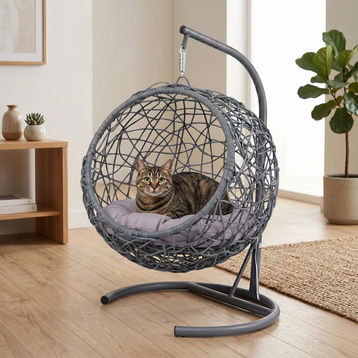 Stylish Rattan Cat Swing Bed With Support Stand And Plush Cushion