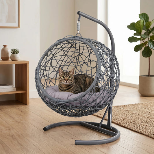 Stylish Rattan Cat Swing Bed With Support Stand And Plush Cushion
