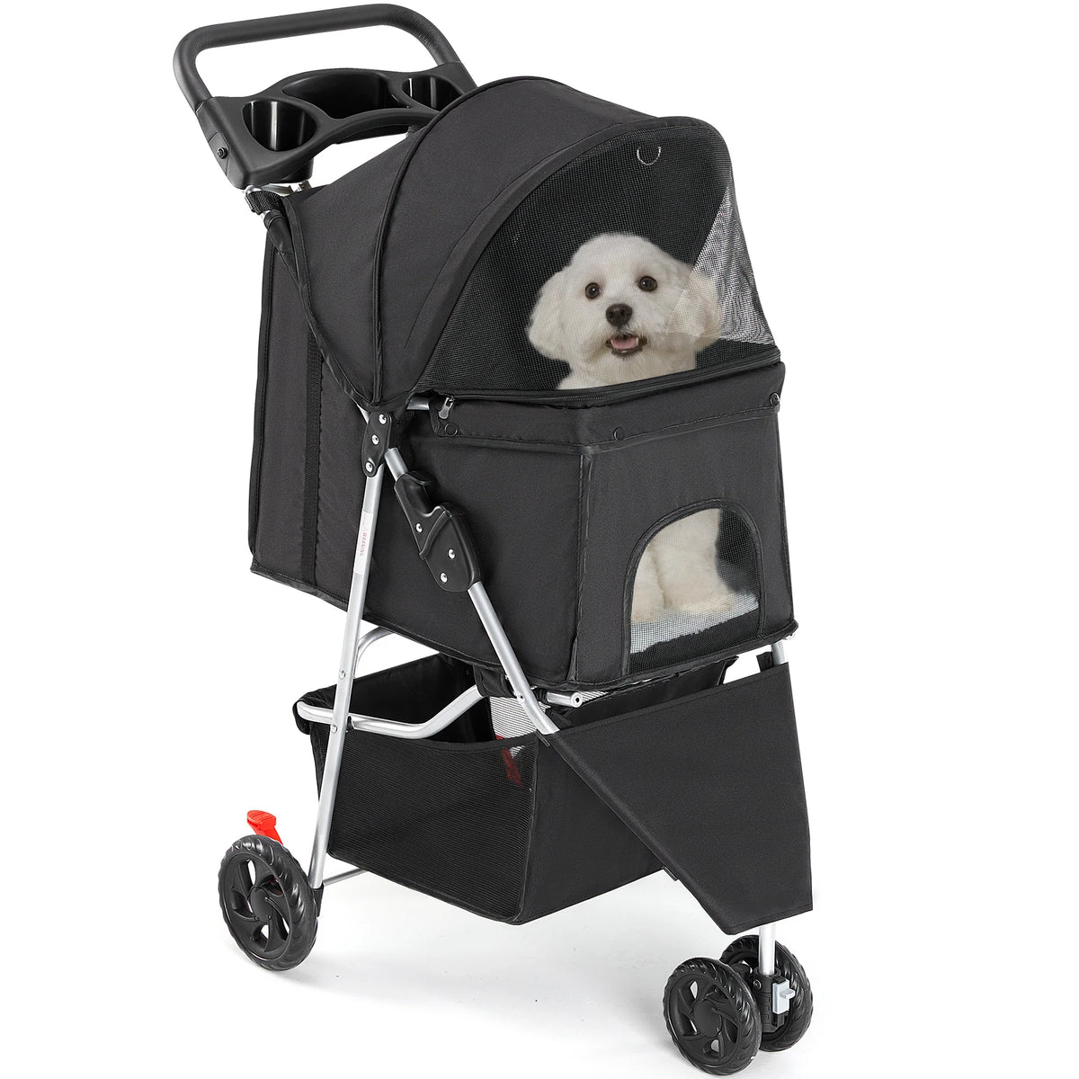 JHK Foldable Pet Stroller With Mesh Windows And Storage Basket