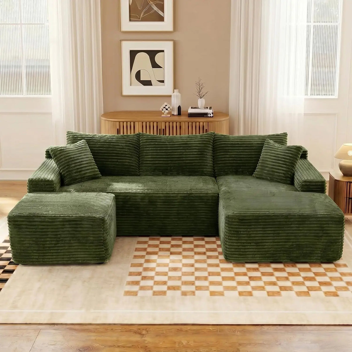 U-Shaped Modular Sectional Sofa With Deep Seat Ottoman Corduroy Fabric