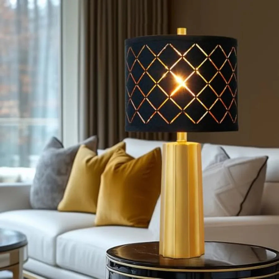 24" Modern Table Lamp for Living Room Bedroom, Nightstand Resin Lamp with Black Grid Shade